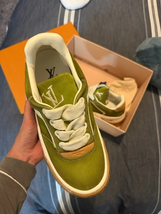 Louis Vuitton Olive Green and Cream Low-Top Sneakers - Picture 2 of 6